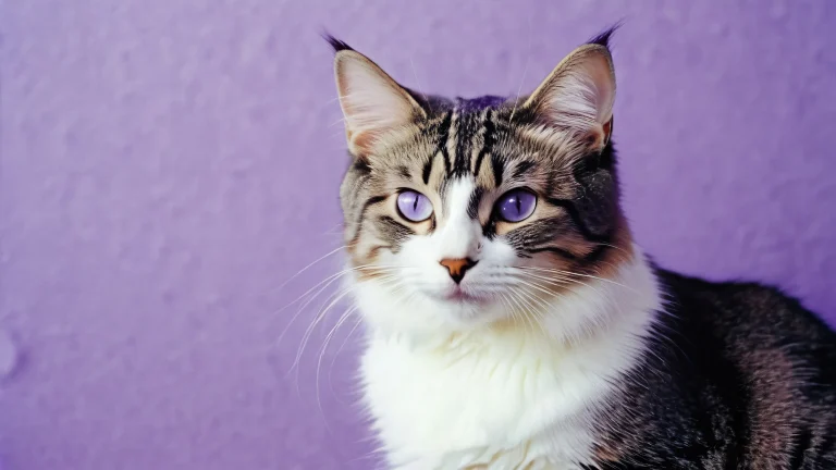 A soft focus photograph of a cat on a purple background for desktop use. Suitable for PC or Desktop.
