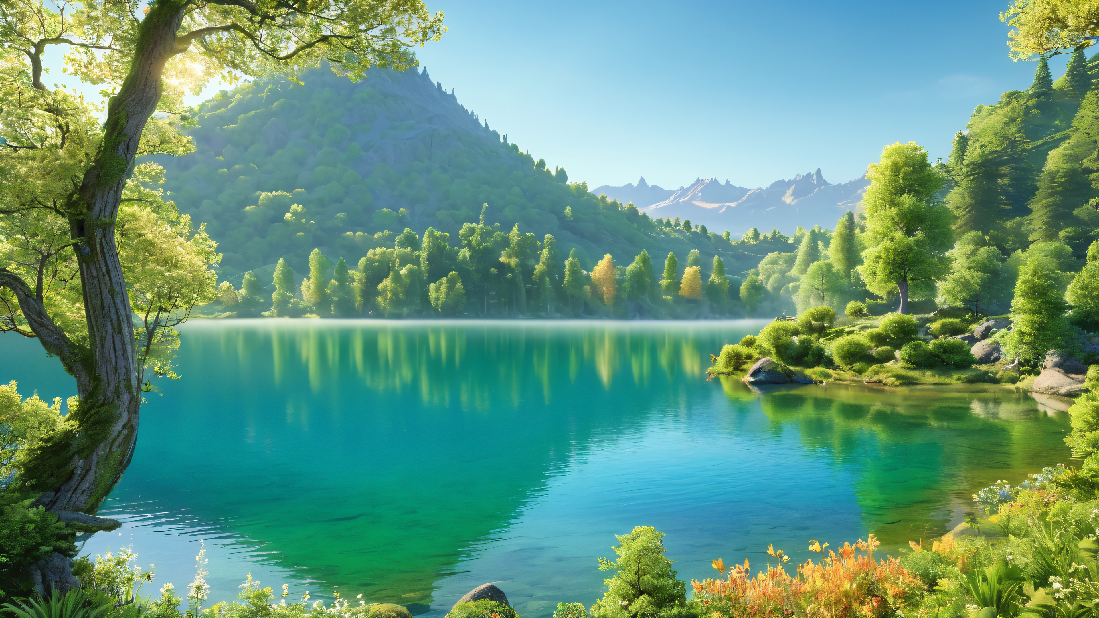 A serene and mystical French countryside scene featuring a majestic caldera lake, forest, and mountain peaks