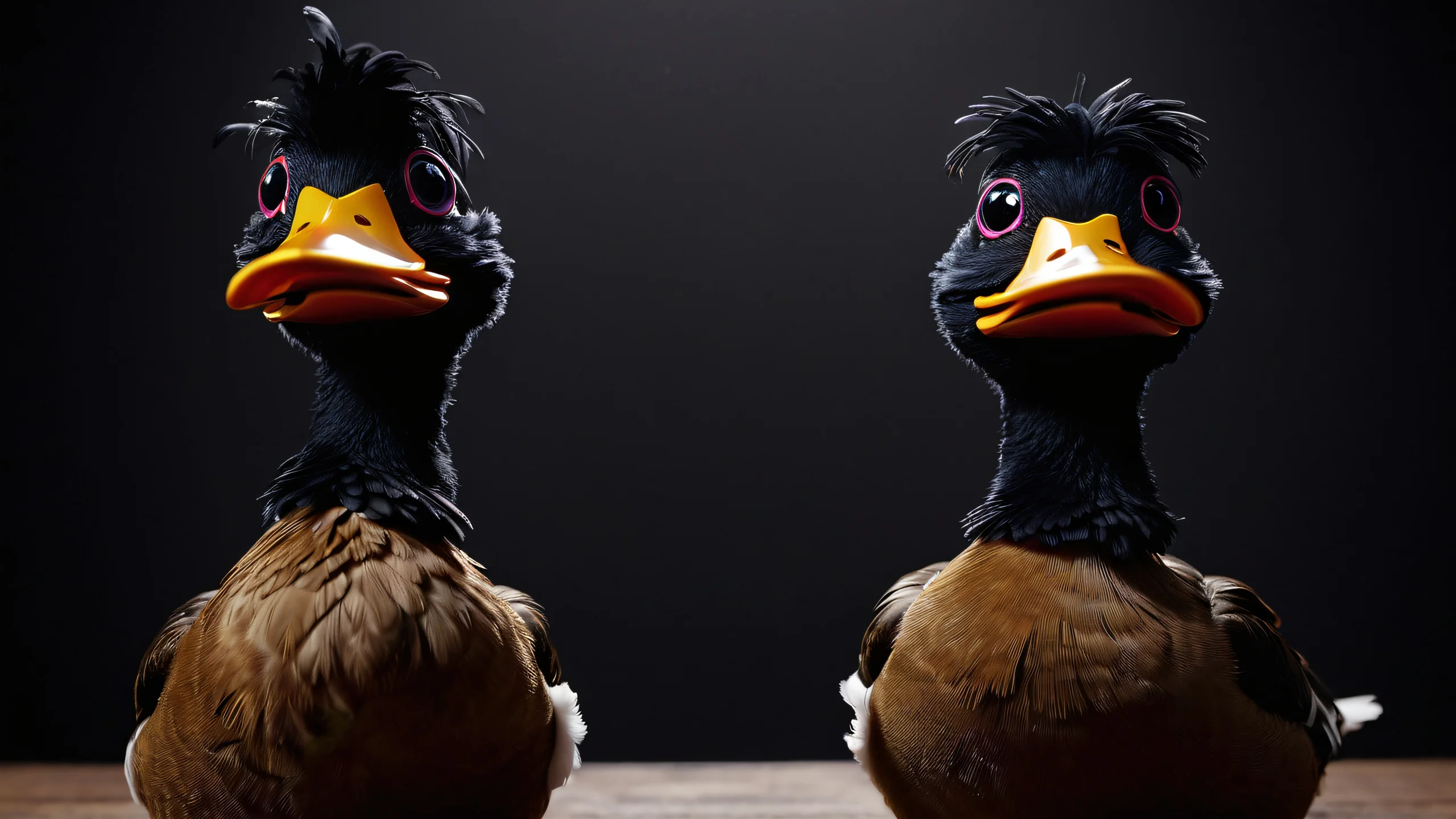 Quacking Puppets Delight Aesthetic PC Wallpaper Two intricately detailed ducks with realistic feathers and beady eyes slowly move across a minimalist black background, inviting the viewer's gaze.