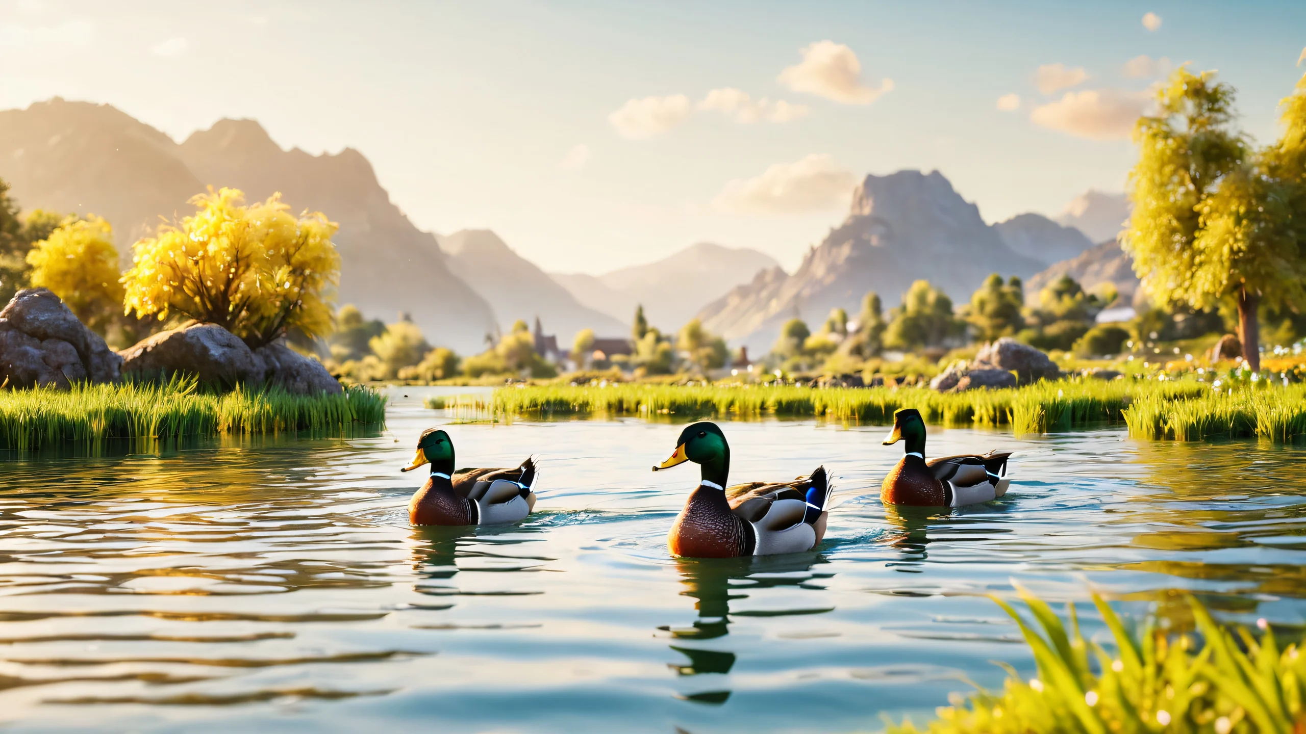 4K Quacking Water Wonderland Wallpaper for PC/Mac A group of ducks swimming in a serene natural setting with lush greenery and calm water.