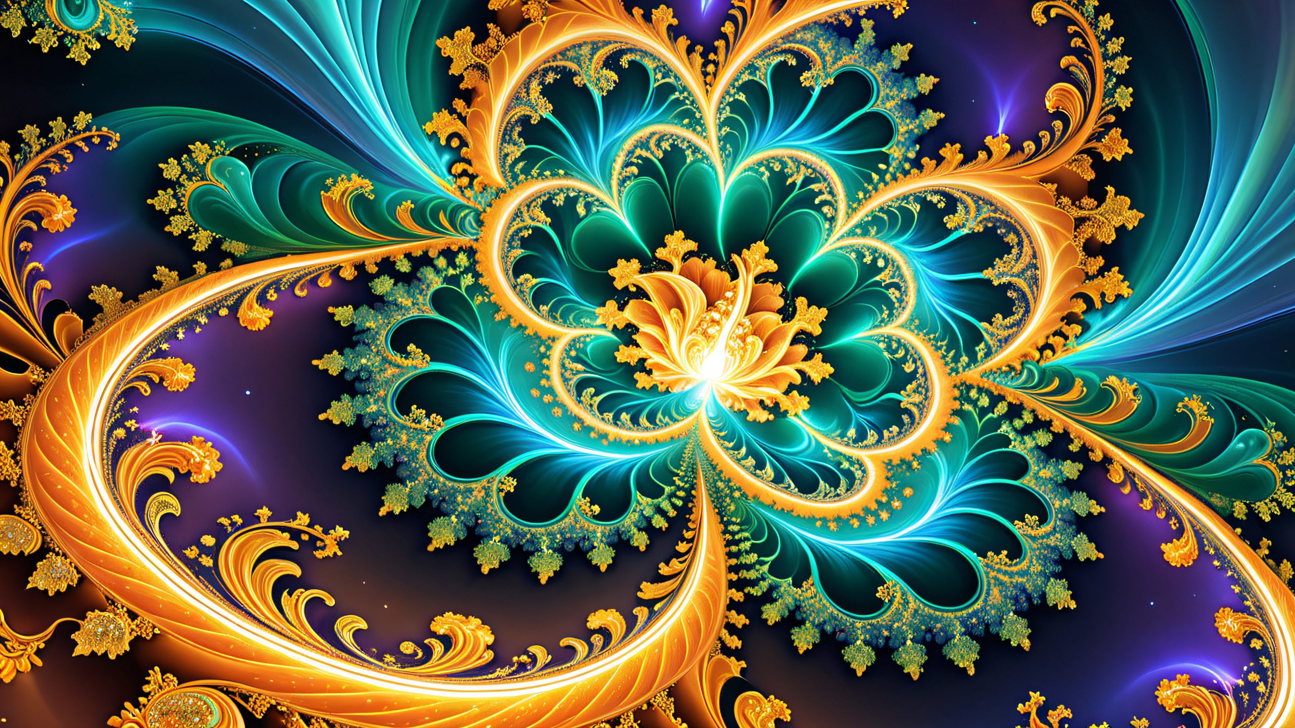 Quantum Energy Vortex 4K UHD Wallpaper A digital art piece depicting swirling quantum energy forming a fractal pattern against a dark infinite expanse.