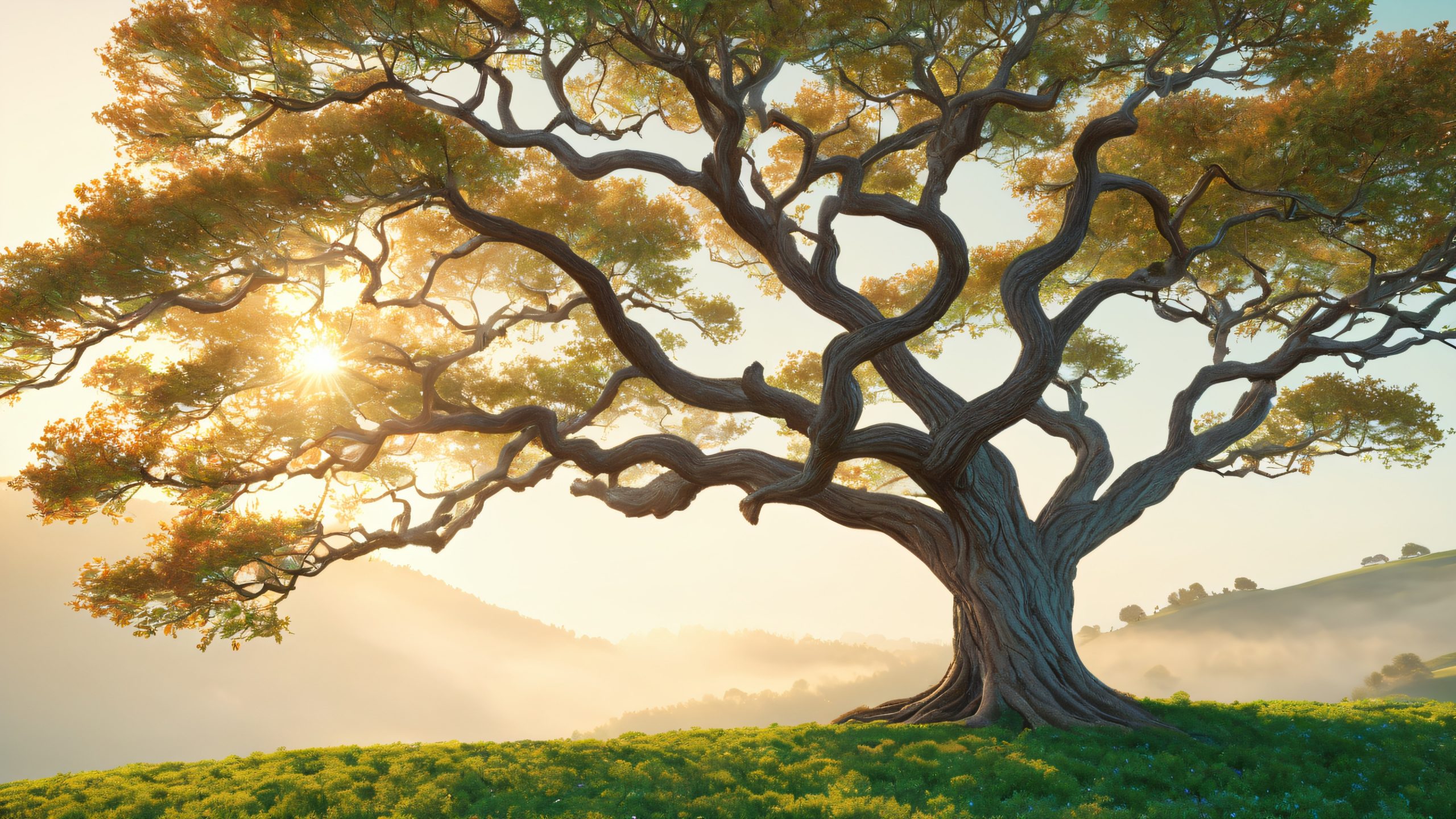 Stunning Quantum Forest Sanctuary 4K Wallpaper Majestic tree desktop background with rolling hills and wispy fog for PC and Desktop