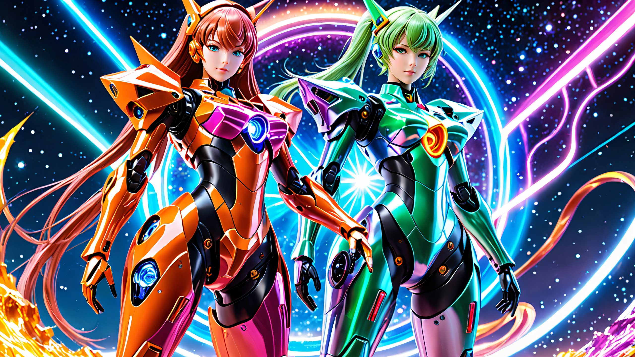 Quantum Mecha Duo 4K UHD Widescreen Two iconic mechas standing back-to-back in a swirling vortex of 3D holographic textures with neon-lit accents and cosmic energy.