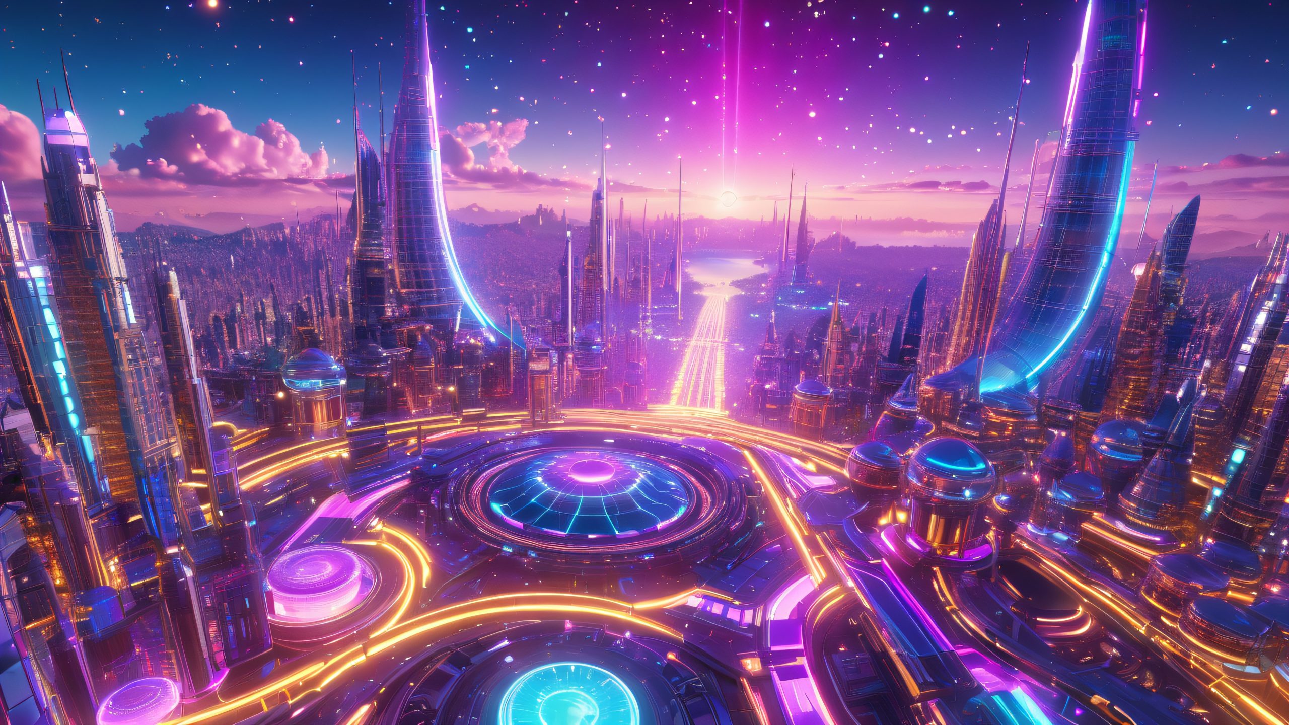 Quantum Metropolis Simulation 4K UHD Widescreen Futuristic cityscape with swirling code clouds on a digital void background for desktop/pc