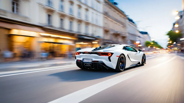 A high-speed vehicle racing down a city street with blurred buildings and trees in the background.
