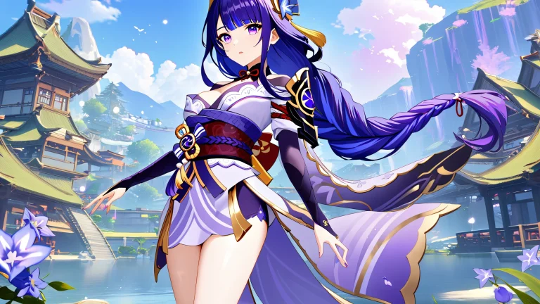 A serene image of Raiden Shogun from Genshin Impact in a purple-themed setting, showcasing her majesty.