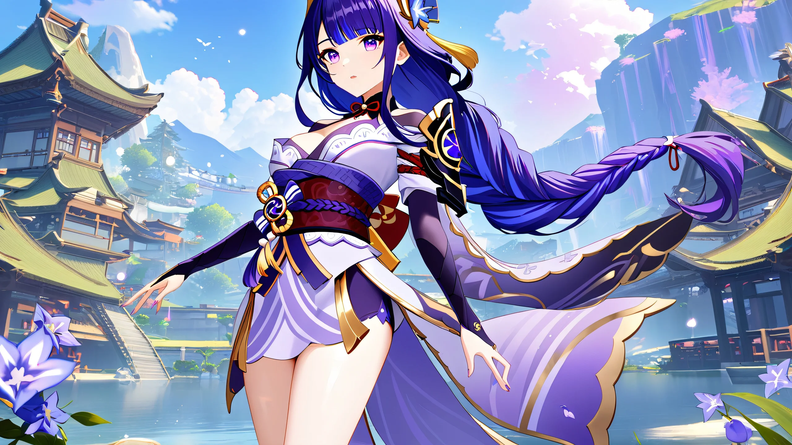 4K Raiden's Elegant Moment Desktop Background A serene image of Raiden Shogun from Genshin Impact in a purple-themed setting, showcasing her majesty.