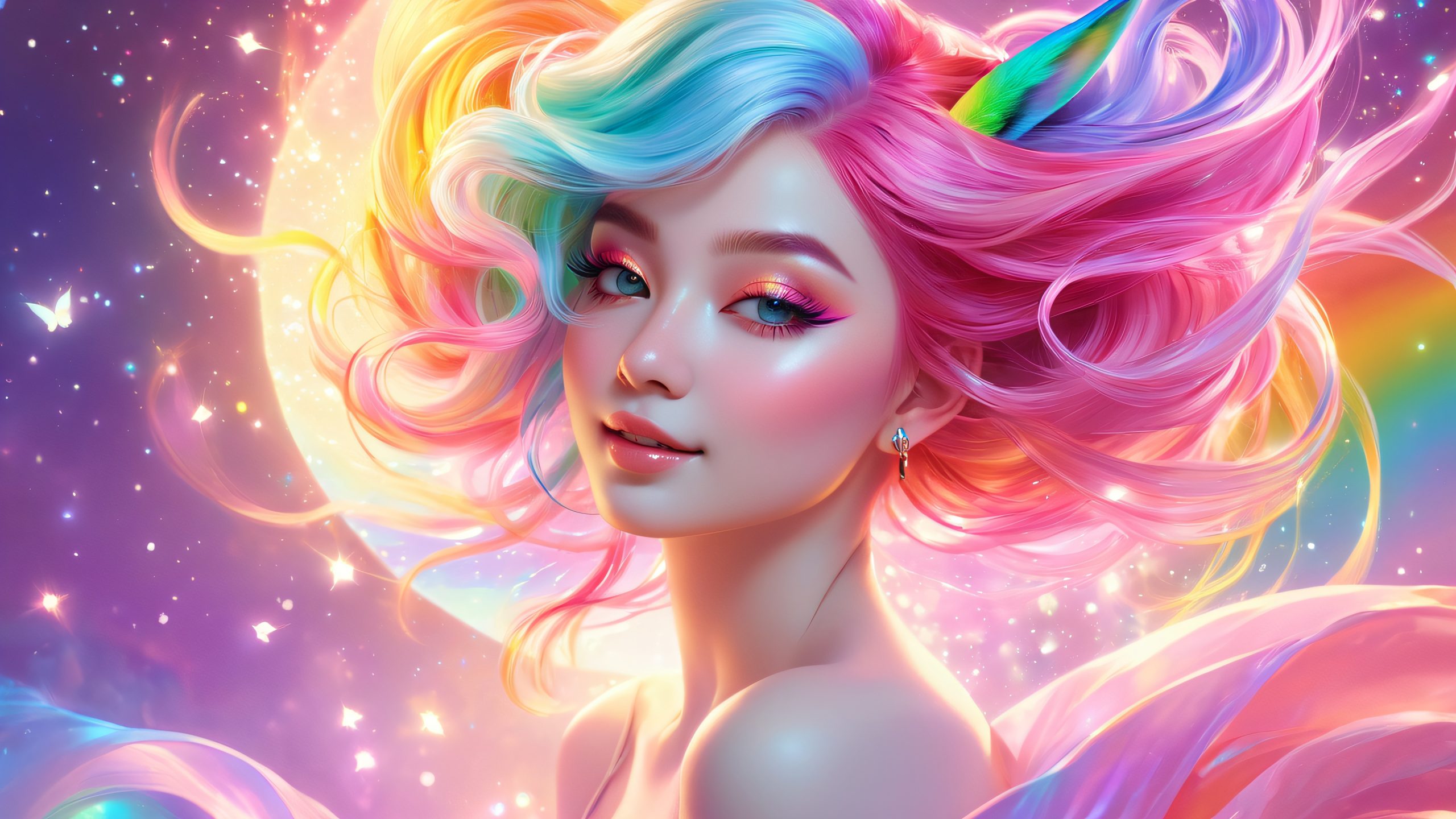Ultra HD Rainbow Maiden's Whimsy Wallpaper A mystical maiden with multicolored hair and rabbit ears in a fantastical setting