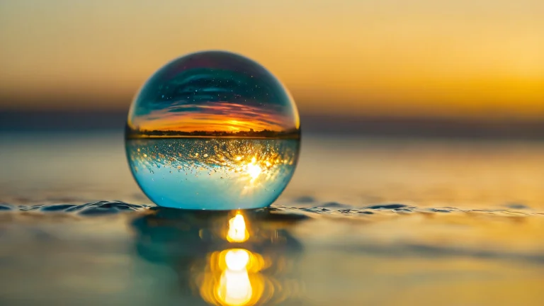 Glass marble micro-structure with rainbow colors and water ripples