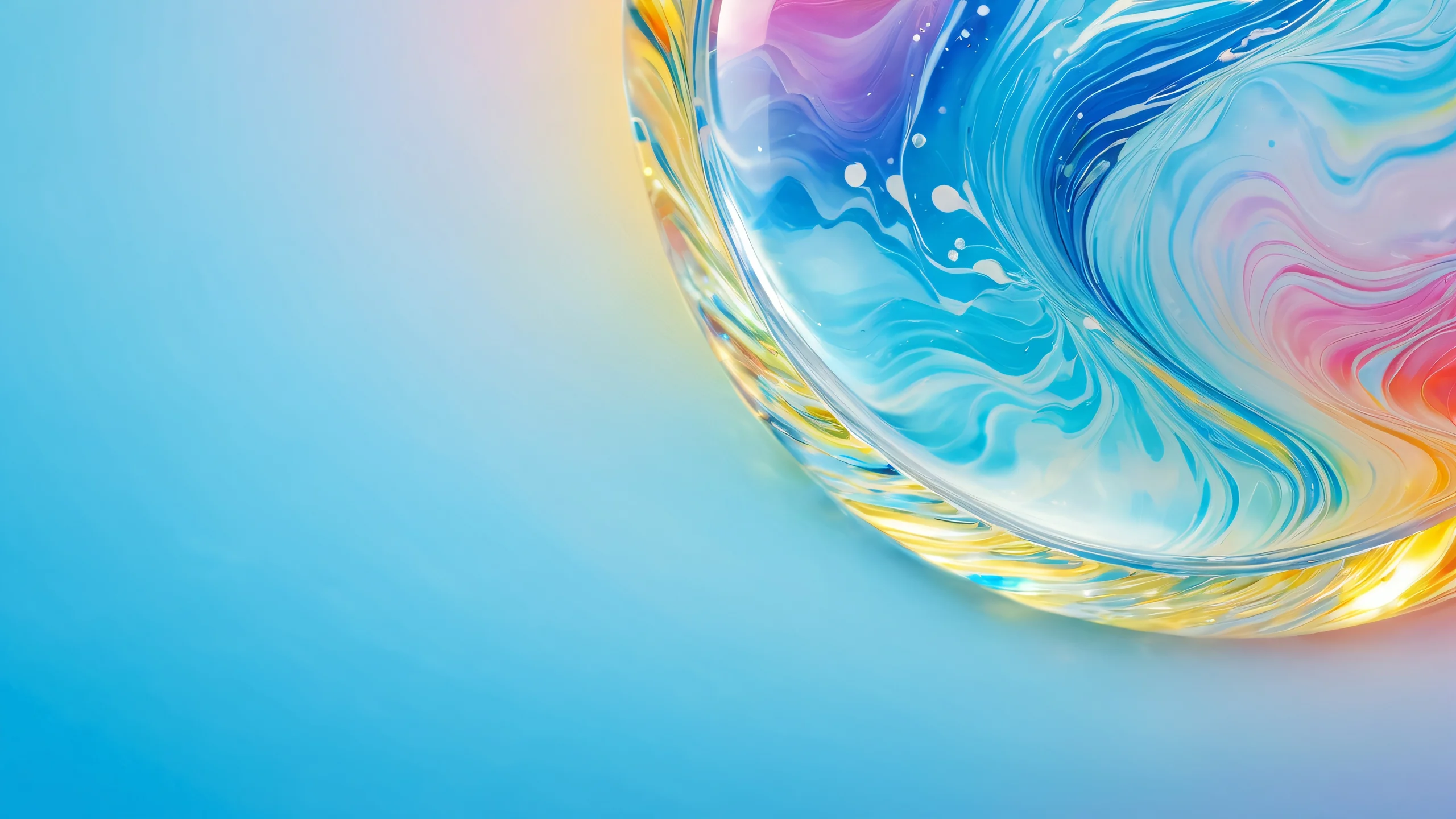 Stunning Rainbow Waterscape 4K Wallpaper Glass marble and water blended in a stunning watercolor-inspired scene with soft glow and vibrant rainbow hues.