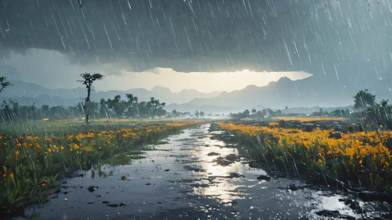 A dark and moody 4K desktop wallpaper of a rainy battlefield, with abstract realism and expressionist elements.