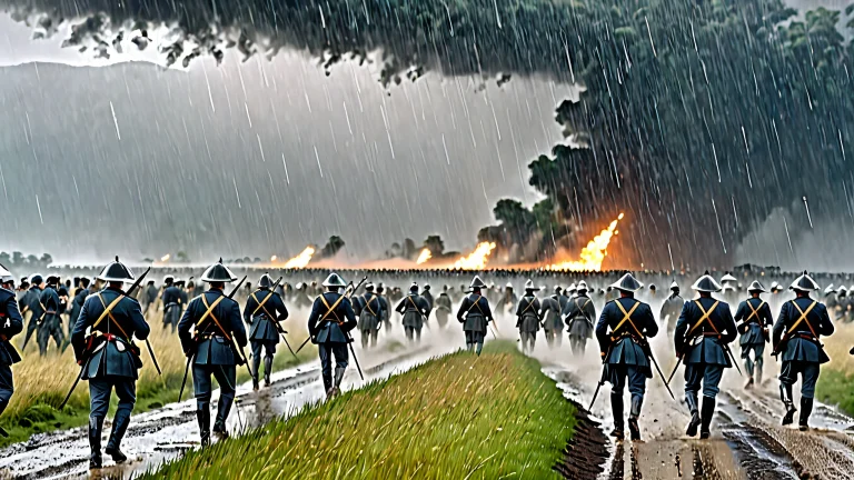 A dark and mysterious battlefield with rain pouring down, featuring detailed textures and moody lighting.