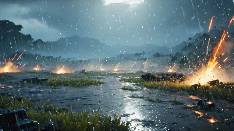 A rainy battlefield scene with dark tones and diffused cool light, showcasing abstract expressionism techniques.