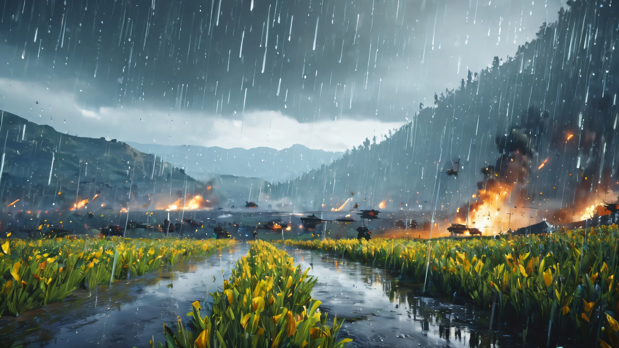 A dark and moody landscape of a battlefield shrouded in rain, with subtle color variations and high levels of detail.