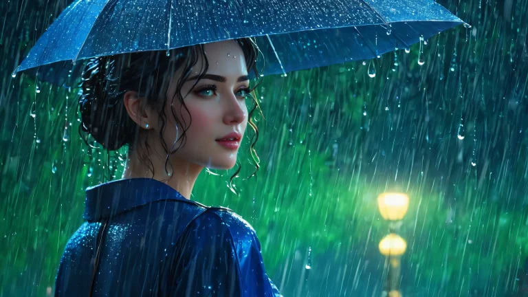 A heroic figure standing in a rainy city street at night, with green and blue hues.