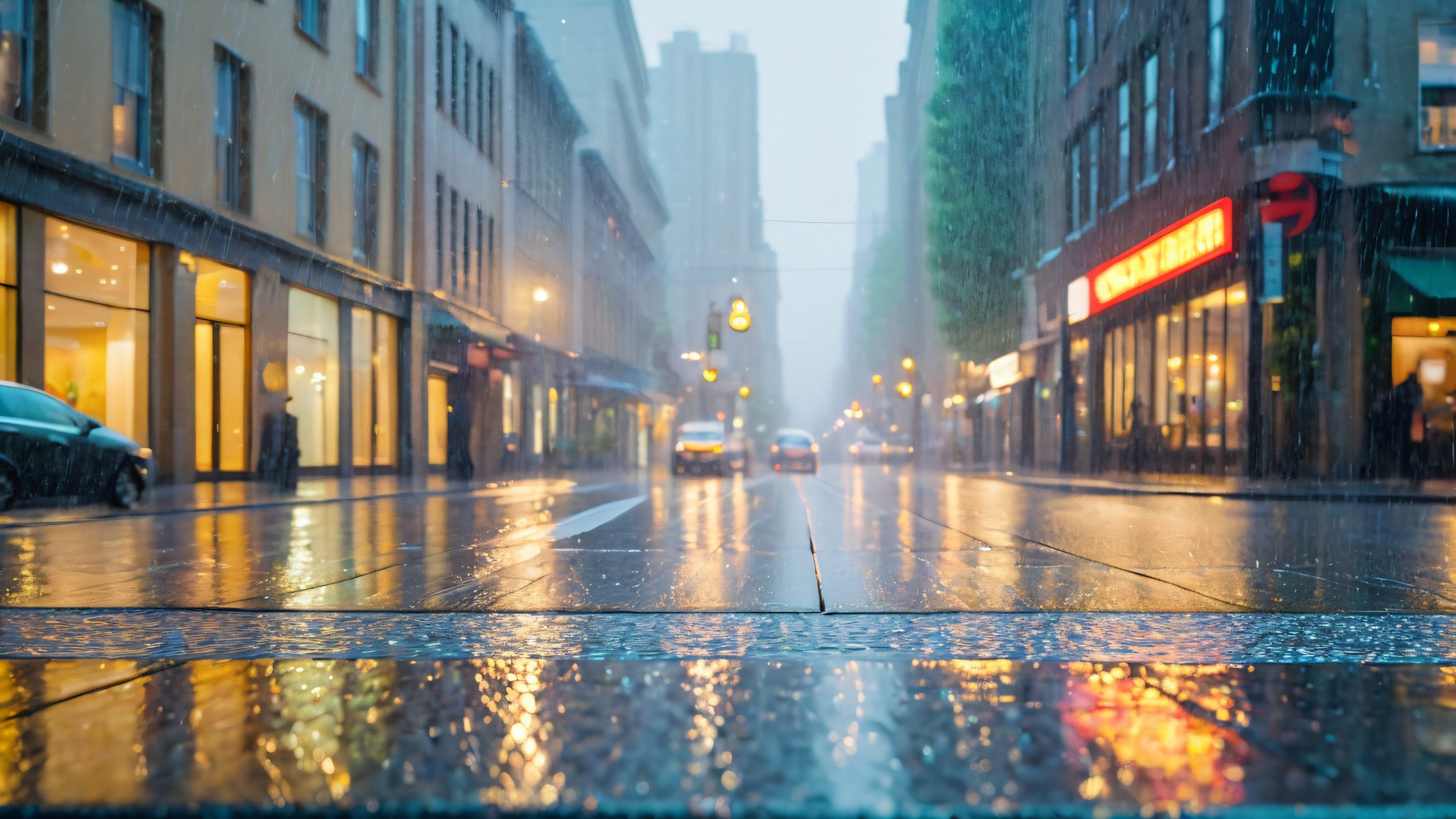 A dimly lit city street shrouded in rain, with misty veil and glistening pavement.