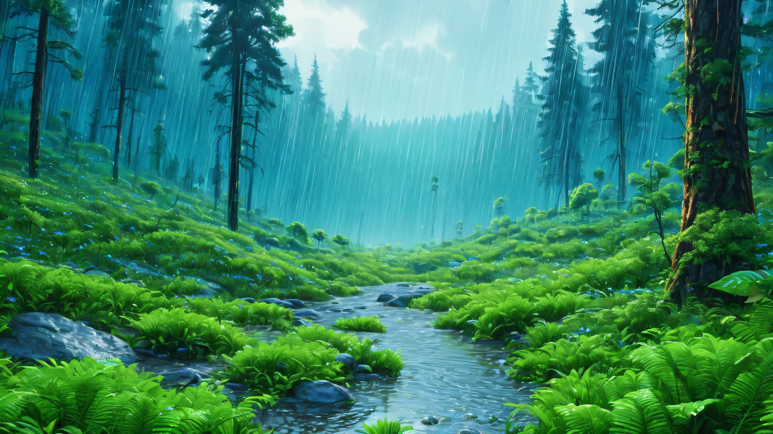 Rainy Forest Masterpiece Aesthetic PC Wallpaper A serene and vivid depiction of a forest during a rainy evening, showcasing the beauty of nature's harmony with digital art.