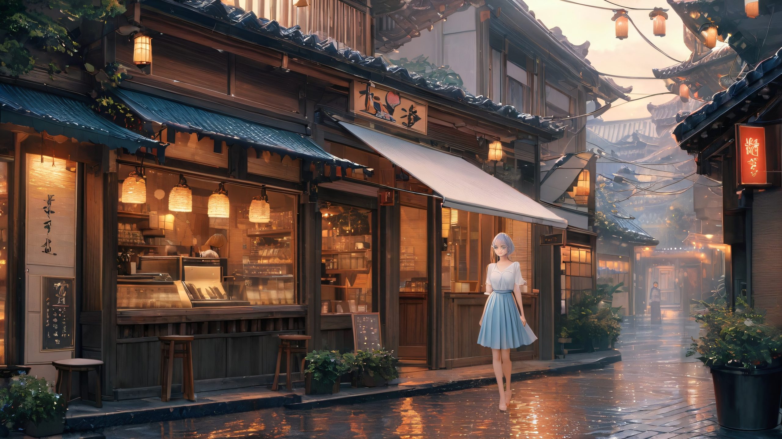 Stunning Rainy Japanese Café 4K Wallpaper Young woman standing under coffee shop awning on rainy day, looking into distance.