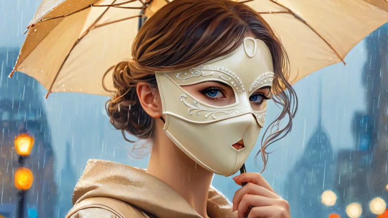 A rainy cityscape at sunset with a masked heroine standing out amidst the urban landscape.