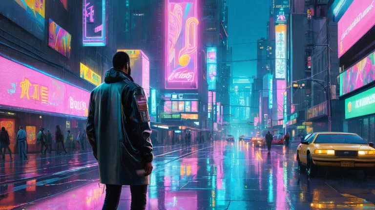 Futuristic cityscape with holographic advertisements and graffiti artwork on desktop/pc