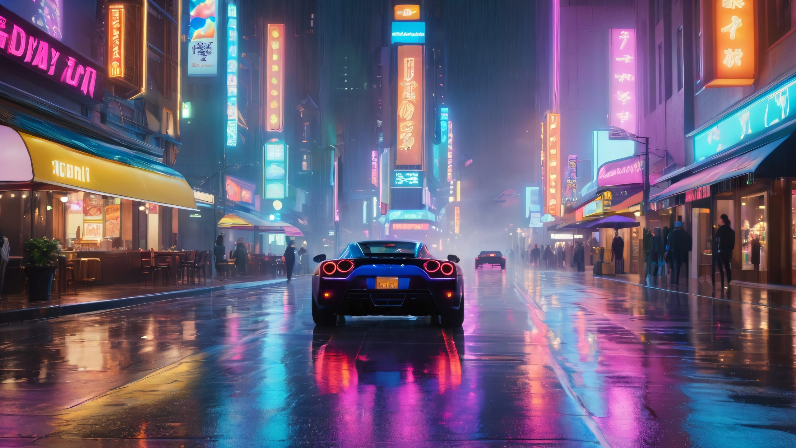 Rainy Night Cityscape Aesthetic PC Wallpaper Bustling downtown street at night with skyscrapers, pedestrians, and neon lights reflecting off the wet pavement for a desktop or PC.