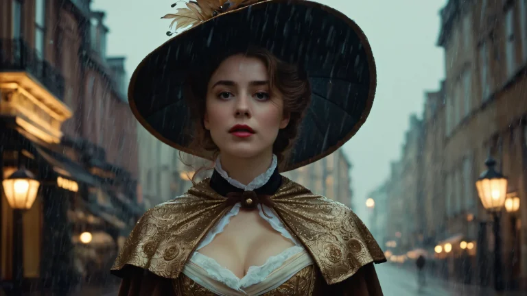 Victorian-era heroine in a rainy night scene with intricate textures and depth of field.