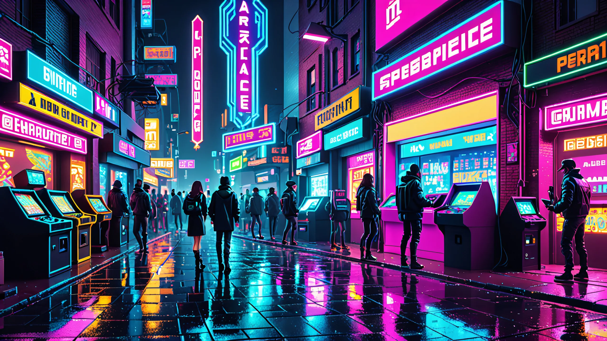 Ultra HD Rainy Night Pixel Bazaar Wallpaper Pixelated characters gathered around a glowing 8-bit terminal in a dimly lit cyberpunk alleyway on a desktop or PC, with vintage computer peripherals and scattered code snippets.