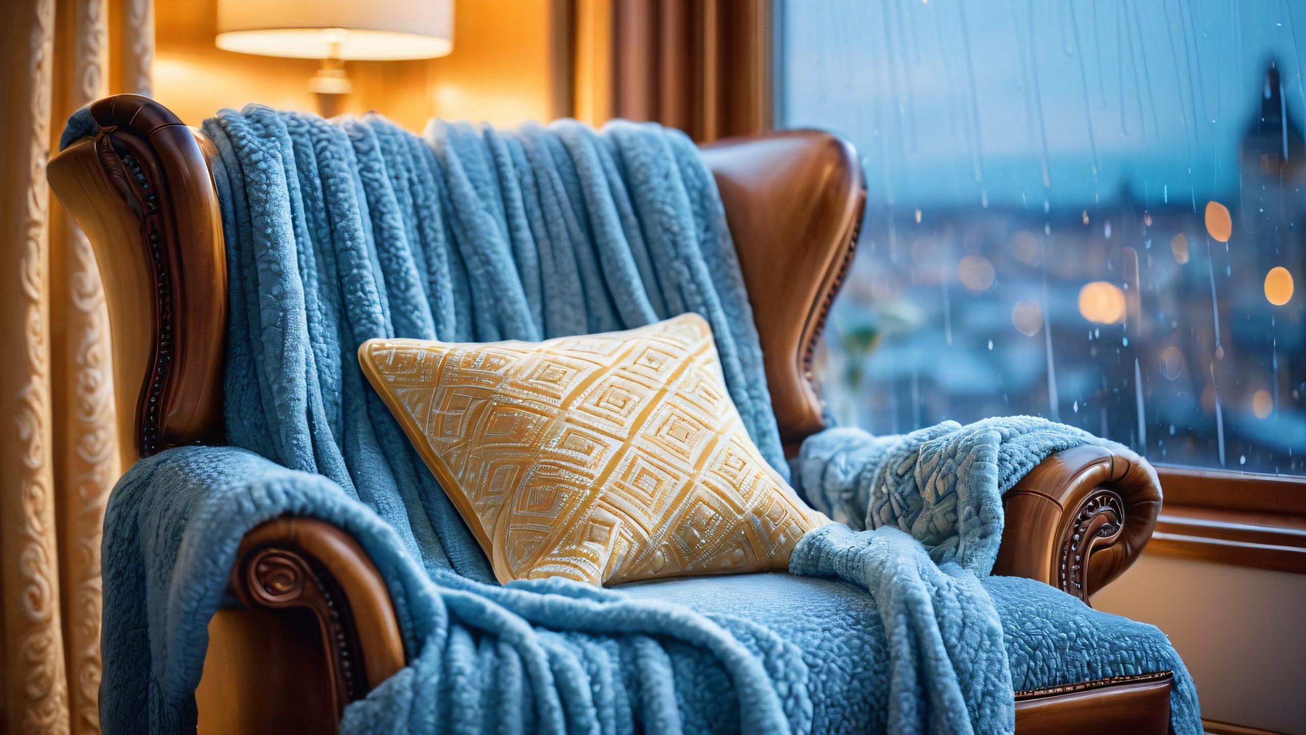 A cozy armchair surrounded by pillows and a cityscape outside with rain pouring down.
