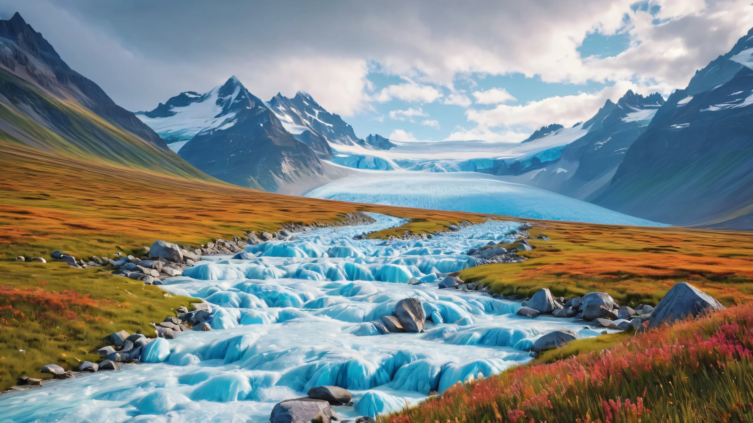 4K Rainy Prairie Masterpiece Desktop Background A serene 4K desktop wallpaper featuring a rainy prairie landscape with realistic glacial formations and rich colors.