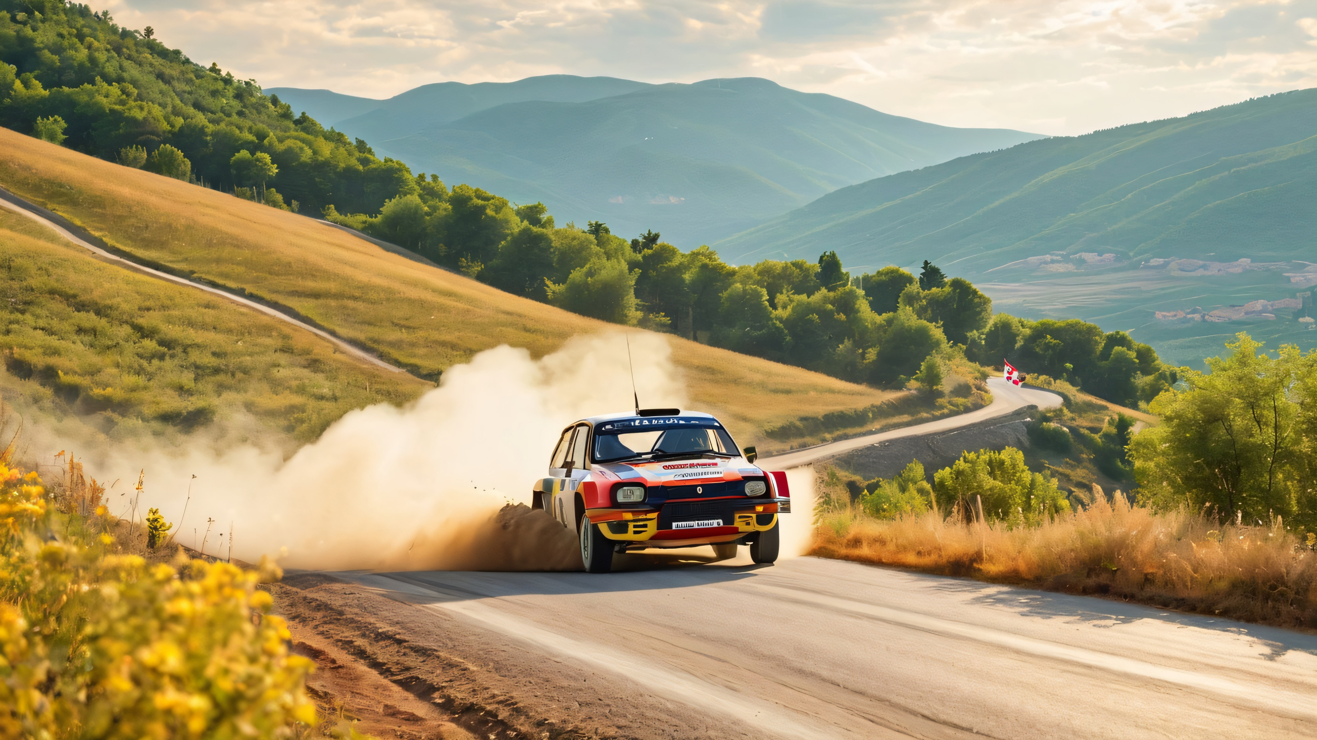 4K Rally Car Pursuit Desktop Background A dusty rally car speeding down a winding mountain road with the Croatian landscape unfolding in the distance on a desktop/pc.