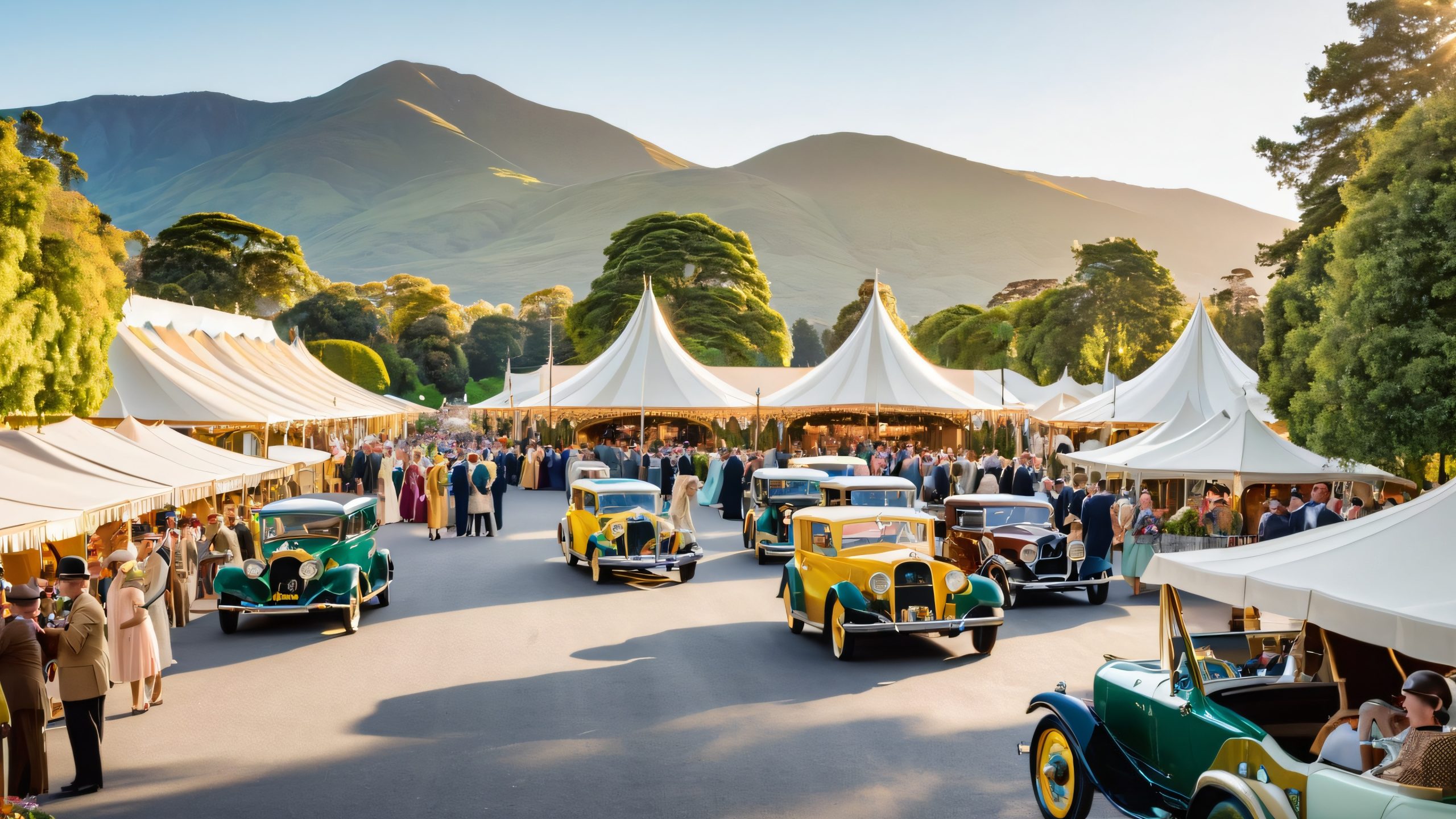 Vintage art deco festival scene on desktop/pc, with people, tents, cars, and lush greenery, for screen readers.