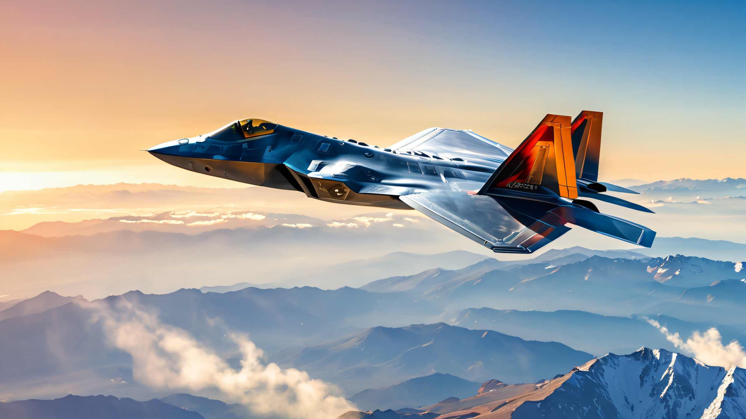 Raptor Soars Above Majestic Peaks 4K Desktop Wallpaper High-altitude F-22 Raptor demonstration with afterburner flames and smoke trail against a clear blue sky with wispy clouds and distant mountain ranges, suitable for desktop/pc use.