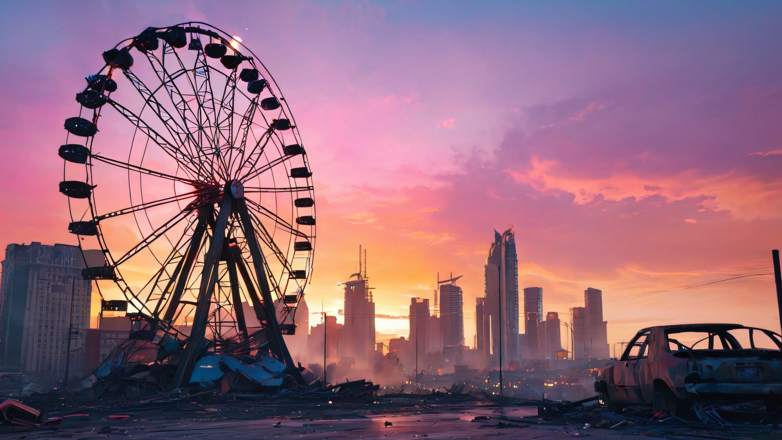 4K Ravaged Urban Horizon Desktop Background A lone survivor stands atop a crumbling skyscraper amidst a ravaged cityscape on a desktop or PC background.