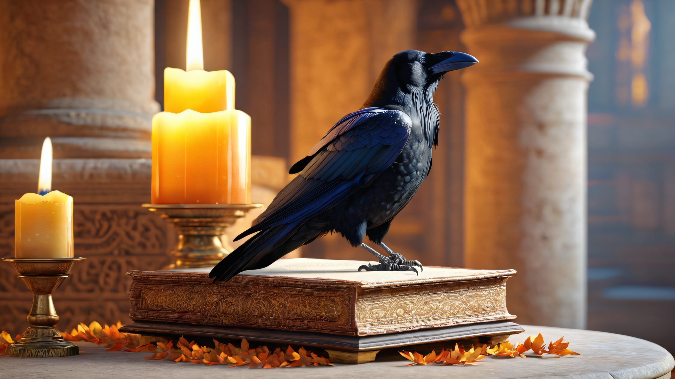 A majestic raven perched on a stone pedestal surrounded by ancient tomes and candlelight for Desktop/PC
