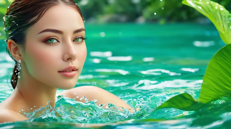A serene portrait of a woman amidst soft green waters in high detail.