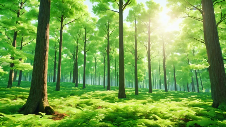A serene forest glade with tall trees and lush greenery on a sunny day.