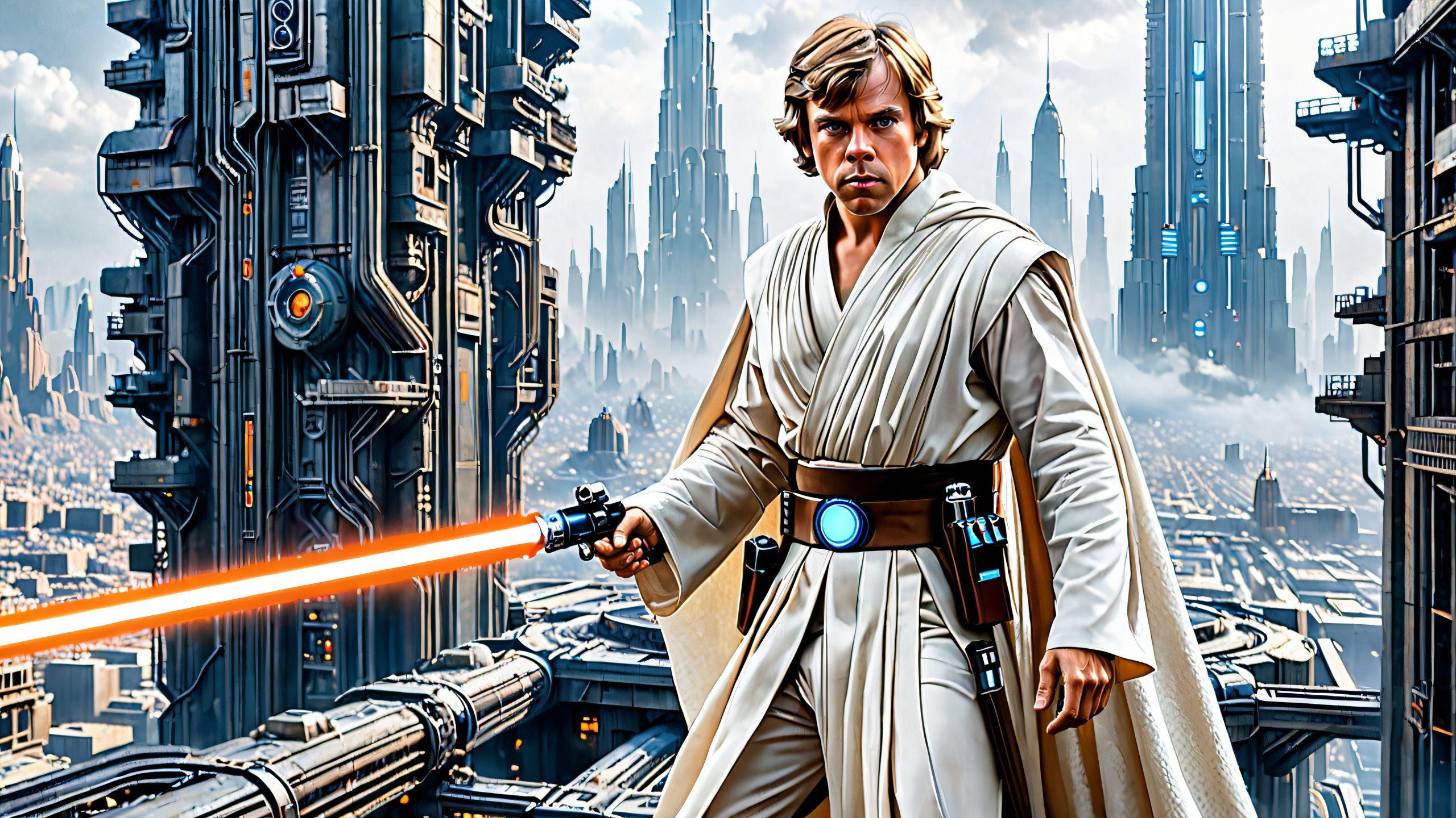 Luke Skywalker stands proudly in a dystopian cityscape, holding lightsaber and blaster, on a desktop/pc