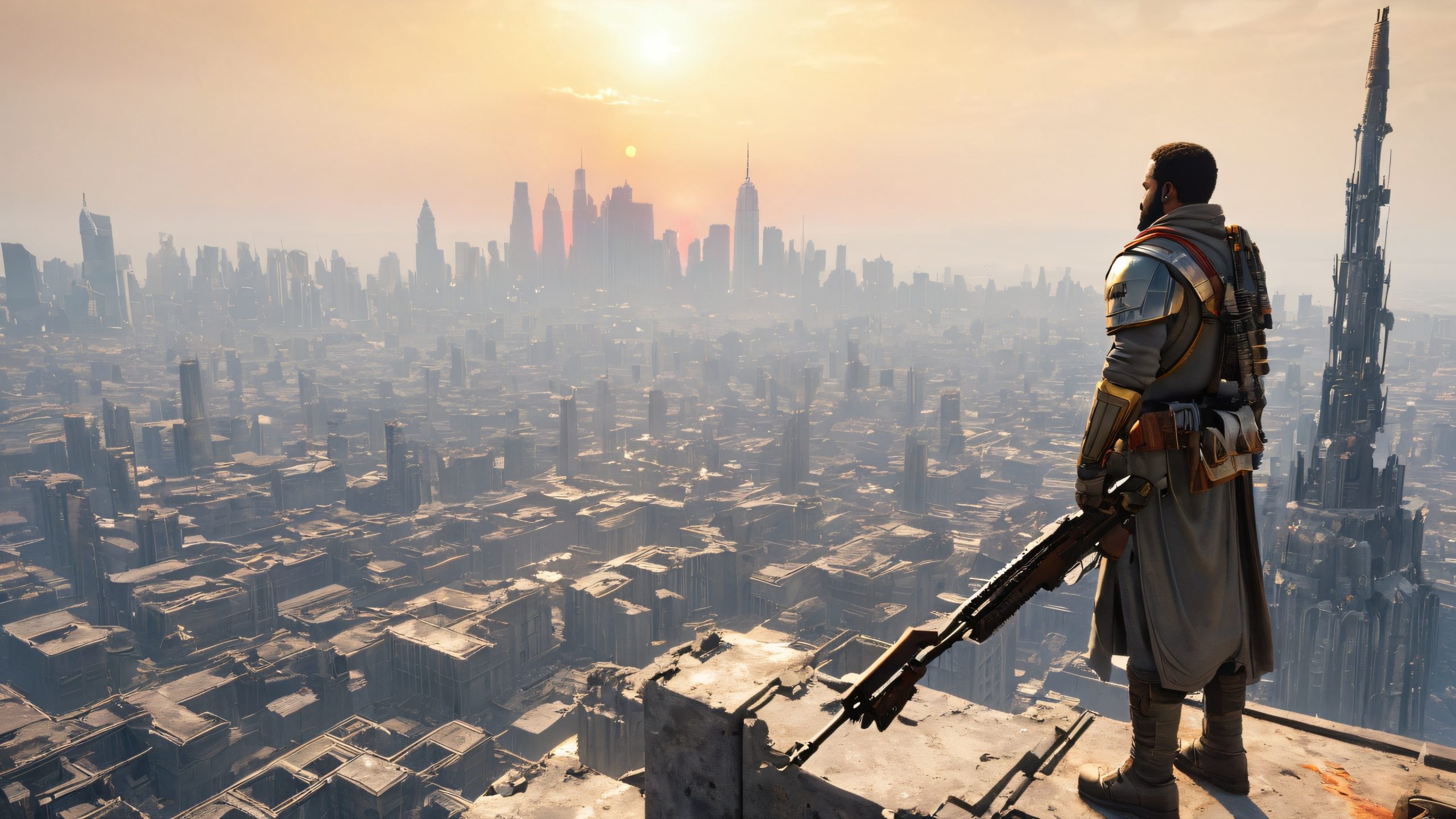 A majestic figure stands atop a ruined skyscraper, holding aloft a battered rifle, amidst a desolate post-apocalyptic cityscape.