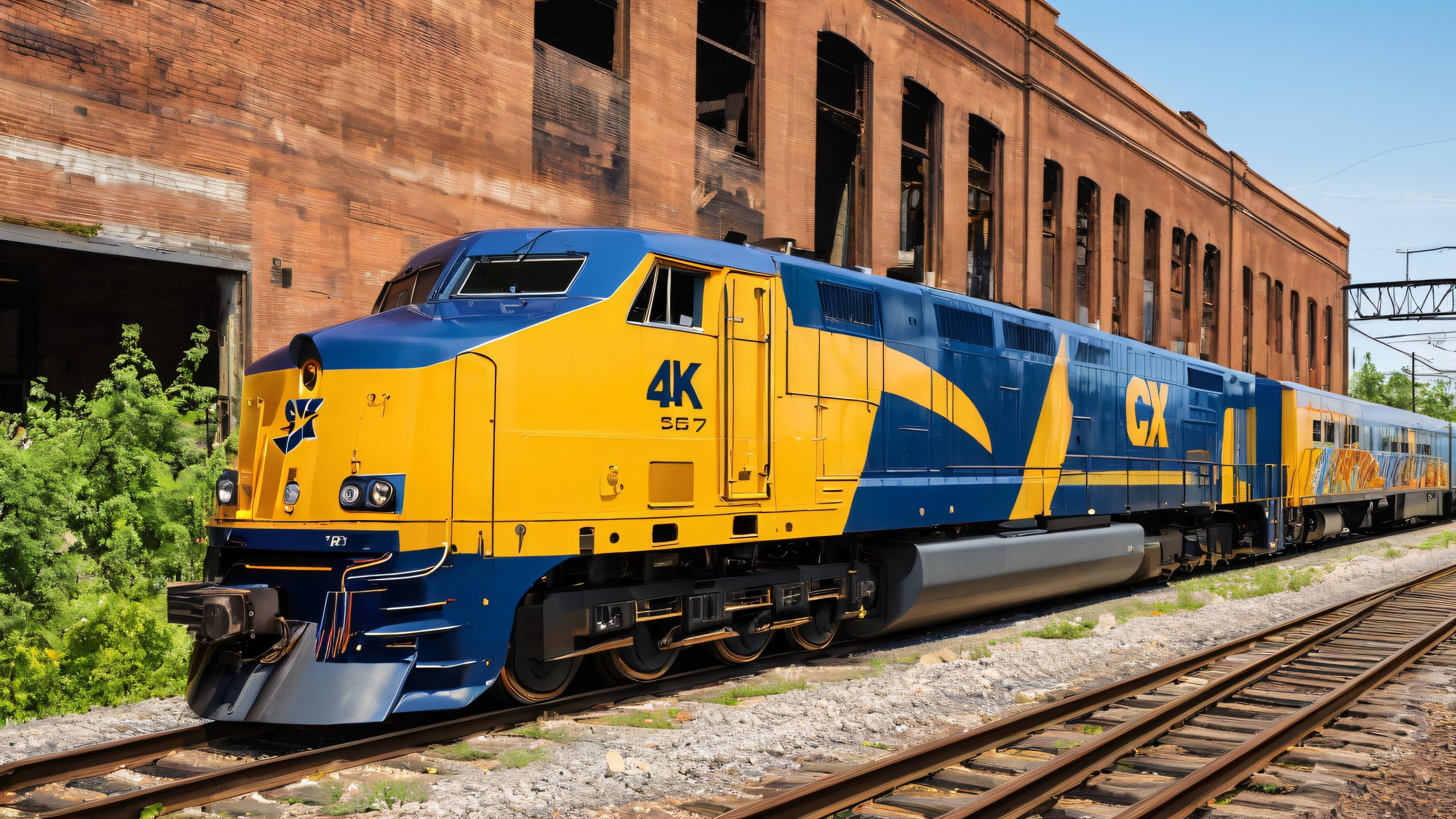 Majestic CSX train with vibrant graffiti, standing proudly on urban tracks, perfect for desktop/PC backgrounds.