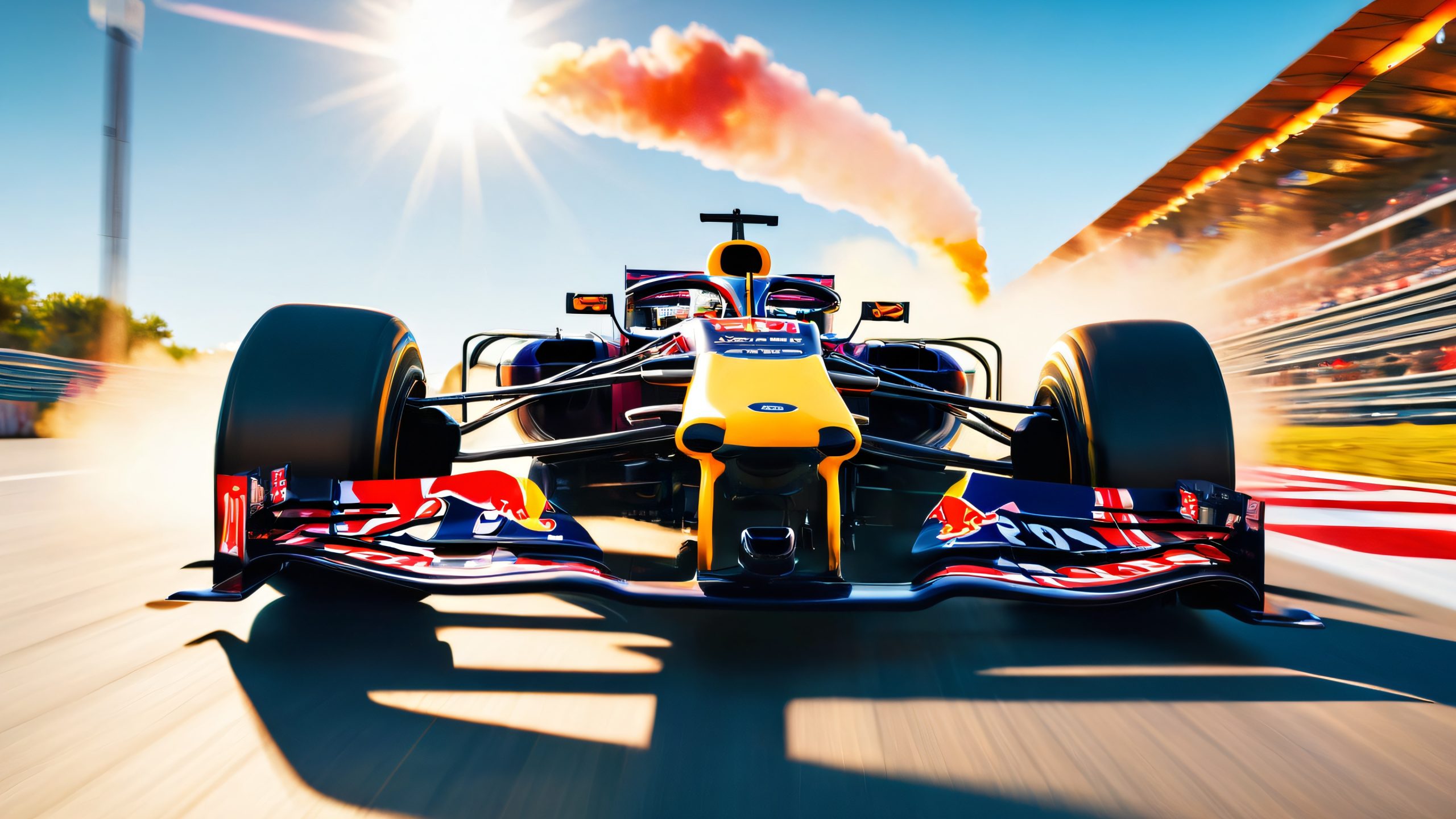 A Formula One racing car speeding down a track with blurred colors and intense action.
