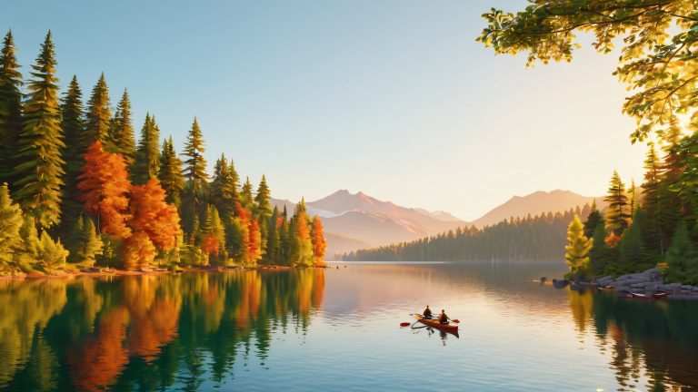 red lake evergreen trees golden light wallpaper scaled