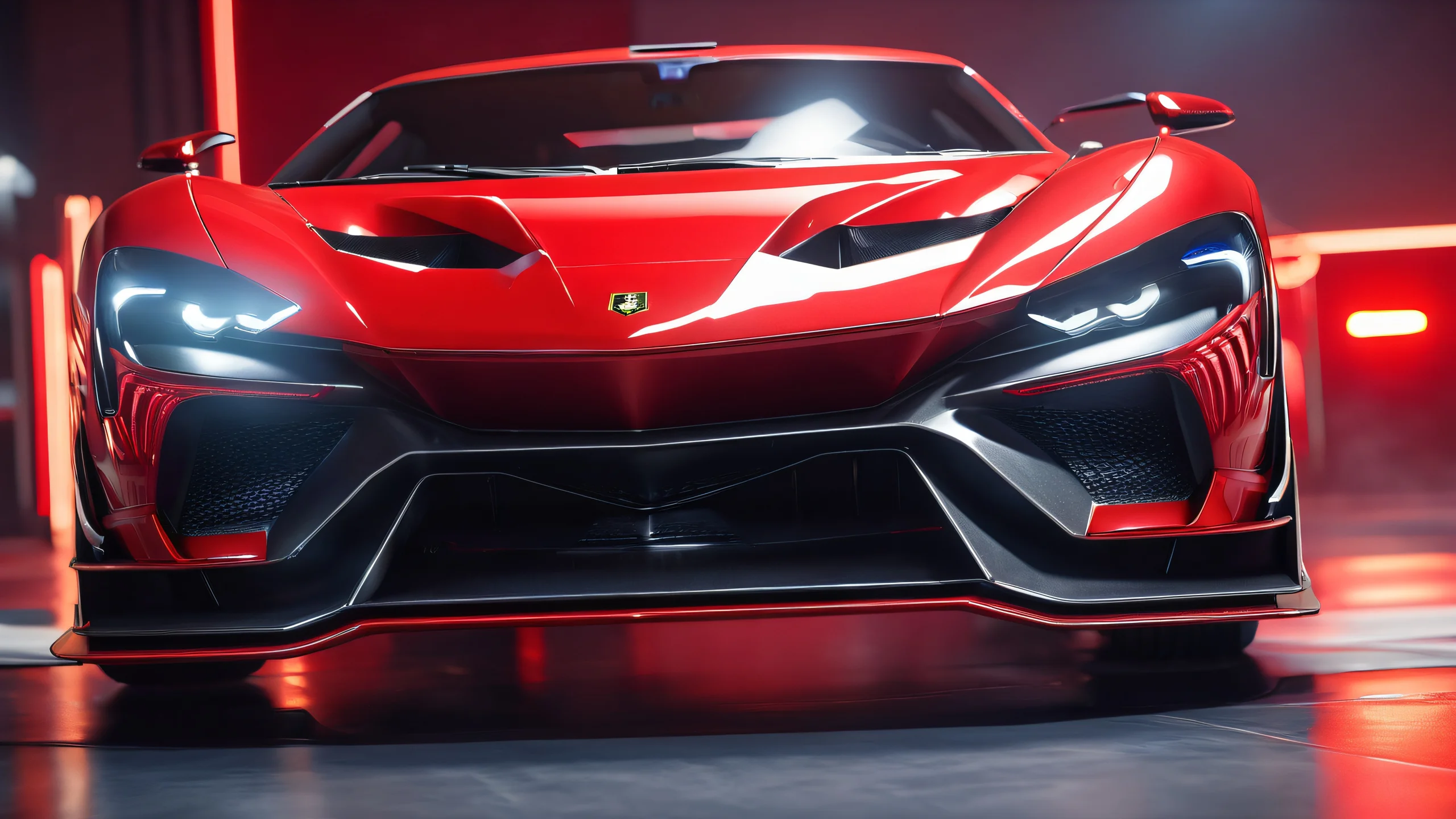 Red Line Masterpiece 4K UHD Wallpaper A high-quality 4K desktop wallpaper of a vehicle in frontal view, showcasing intricate video game art and artificial lighting effects with a dominant red hue.