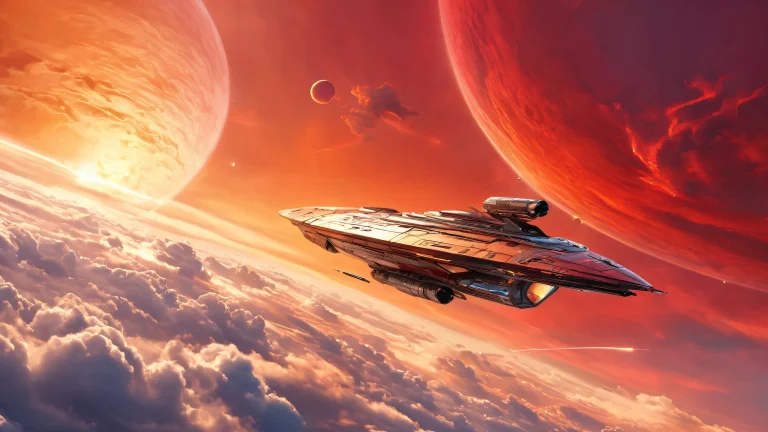 A stunning desktop wallpaper featuring a spaceship against a vibrant red sky with clouds, parfait pour votre ordinateur de bureau/PC.