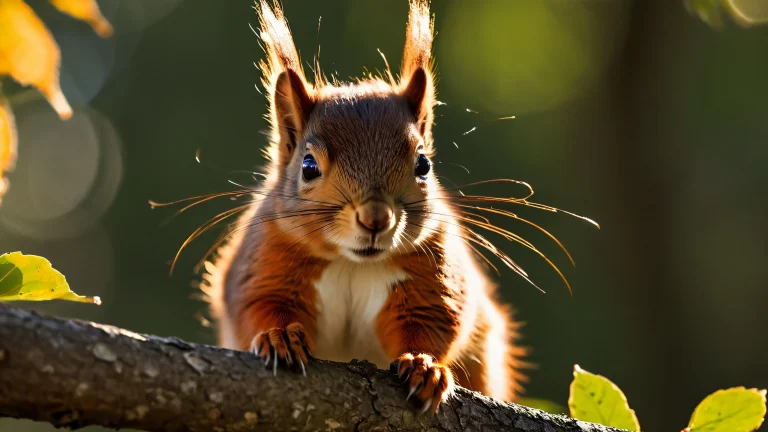 Close-up of a red squirrel's whiskers and surrounding leaves with natural light and subtle shadows.