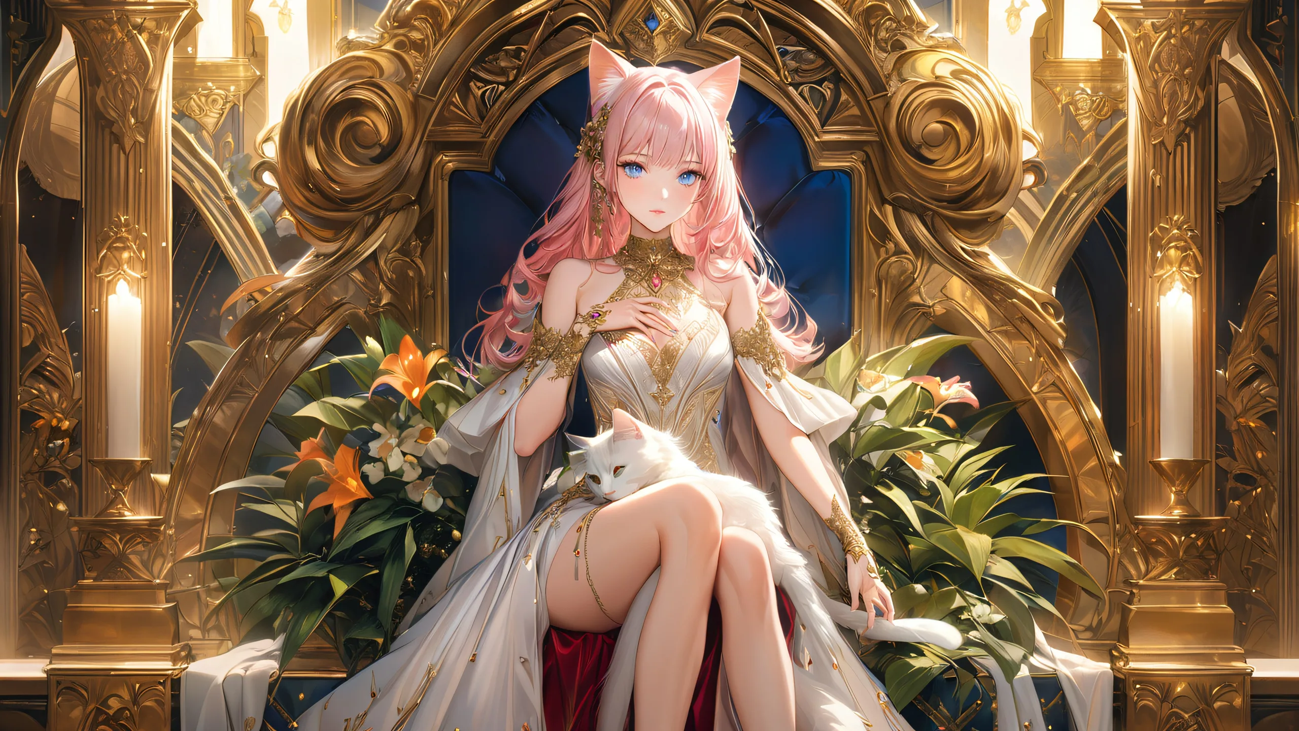 A majestic white cat sits on a velvet throne amidst a tropical garden filled with pink and orange flowers. Desktop/PC wallpaper.