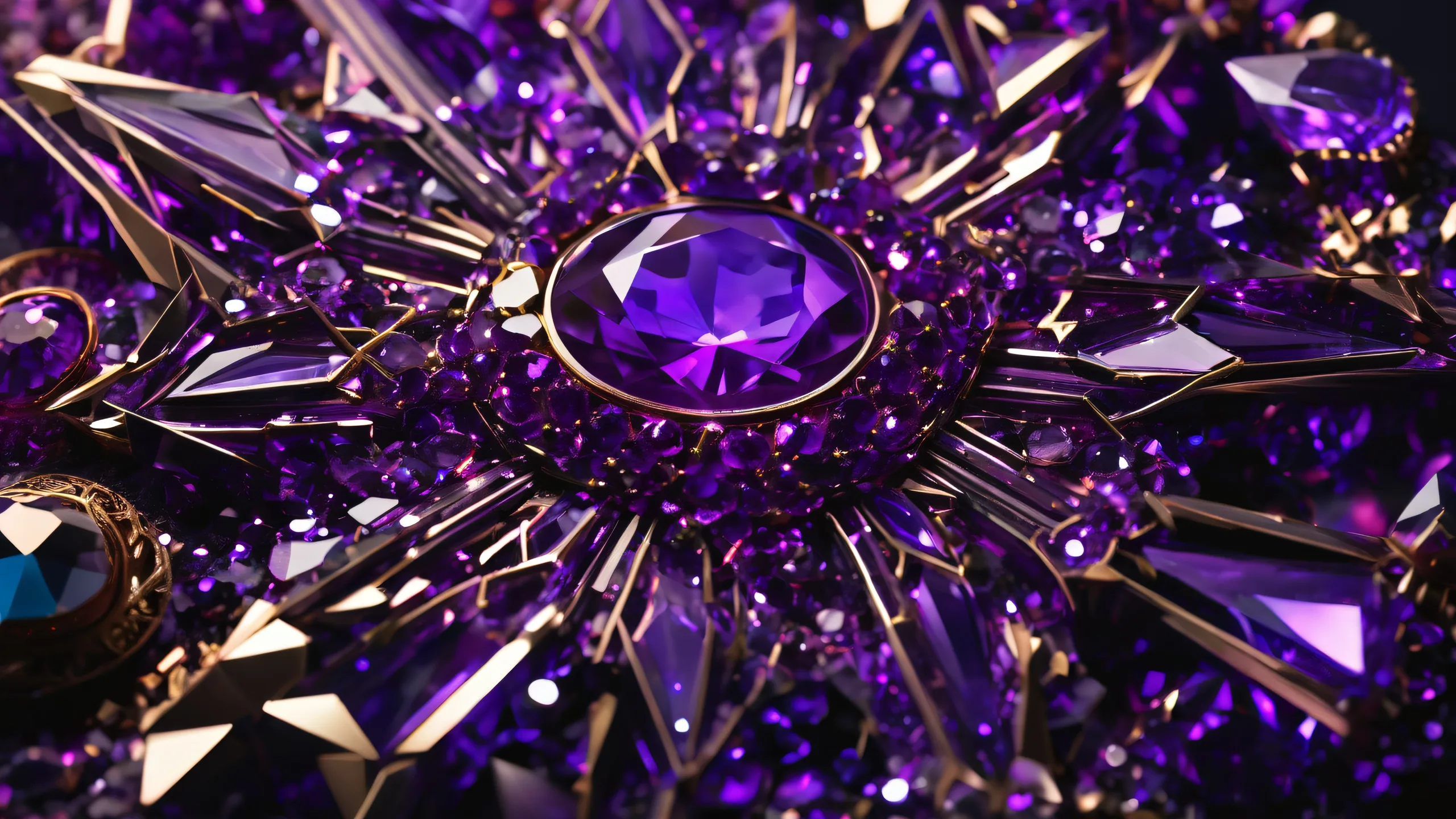 Ultra HD Regal Gemstone Odyssey Wallpaper Breathtaking desktop image of amethyst-encrusted gemstone facets on a sleek gaming console interior, perfect for Desktop/PC screens.