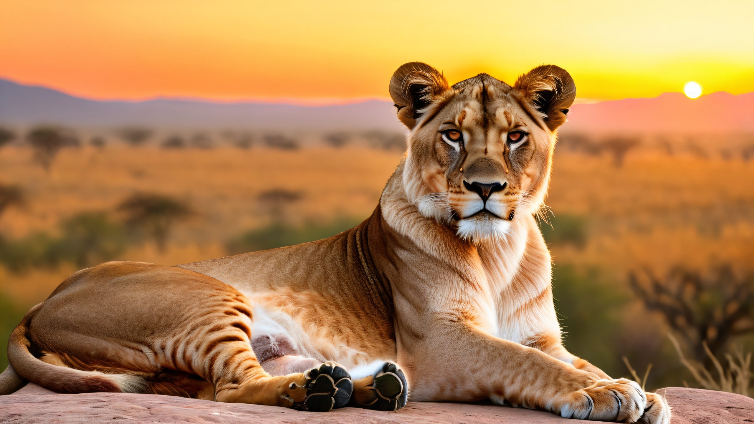 Regal Lioness Savannah Majesty Aesthetic PC Wallpaper A regal lioness sits proudly on a rocky outcropping amidst an African savannah landscape at dusk, with acacia trees and distant wildebeest. Desktop/PC wallpaper.