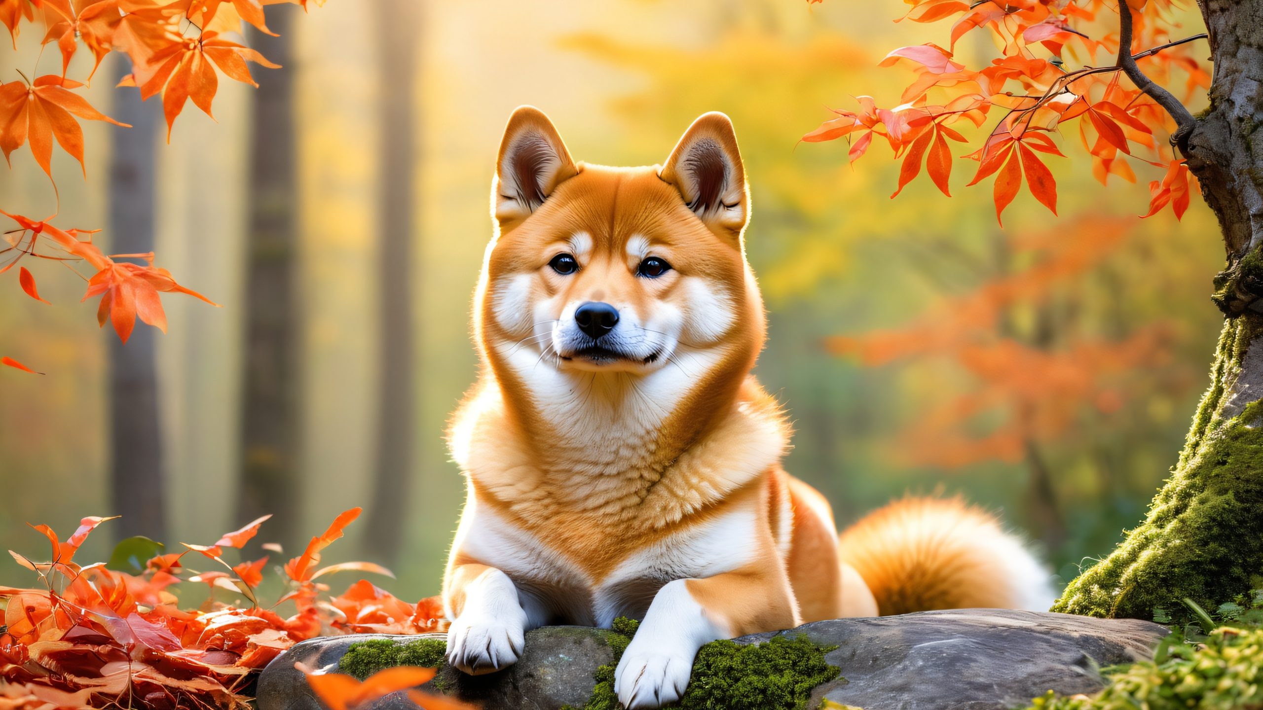 Regal Shiba in Autumn Majesty 4K Desktop Wallpaper Majestic shiba inu sitting on a moss-covered stone pedestal in a serene autumn forest glade, with tall trees and fallen leaves.