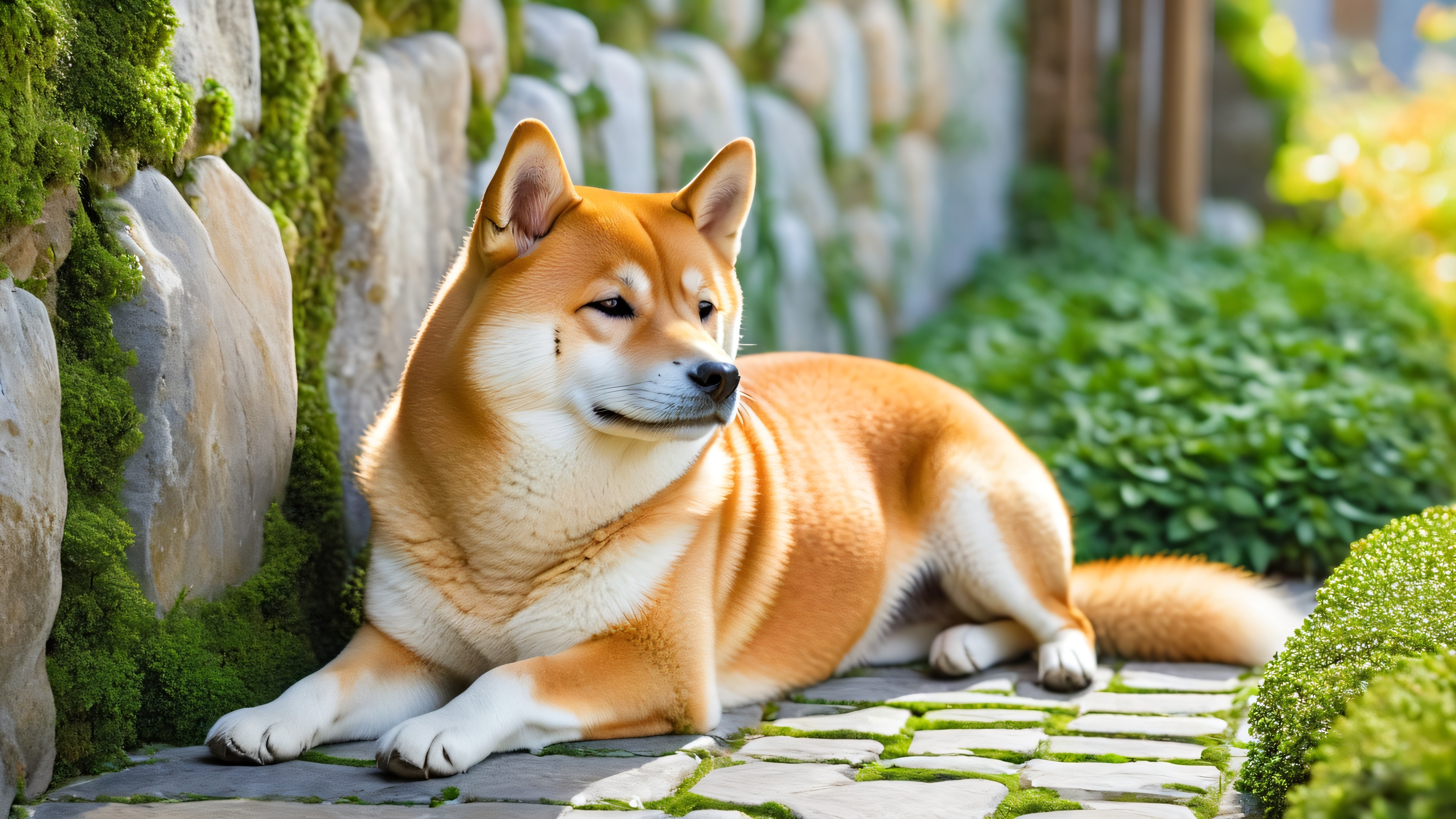 A serene 4K desktop wallpaper featuring a regal Shiba Inu lying against a worn stone wall, surrounded by lush foliage and morning light.