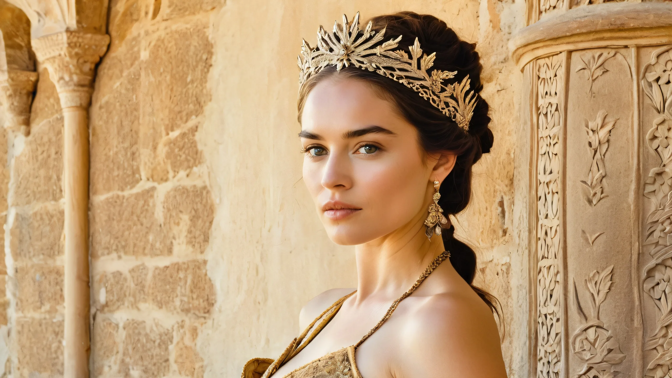 4K Regal Thrones of Power Desktop Background Elaborate female figures on a grand medieval castle desktop with regal gowns and ornate headdresses. Suitable for PC or laptop backgrounds.